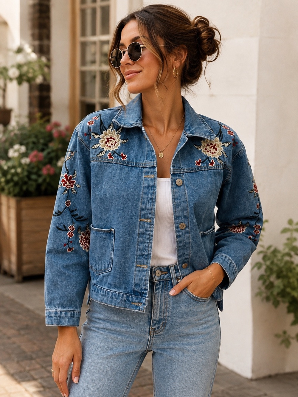NWOT Topshop Floral Embroidered Denim Jacket Blue Red Size 4